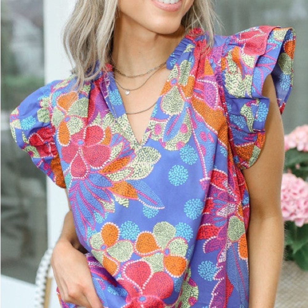 Blue Split V Neck Flutter Floral Top
